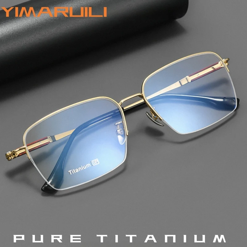 

YIMARUILI High-end Sandalwood Men's Business Pure Titanium Half Frame Glasses Ultra light Fashion Simple Big Size Eyeglasses 18