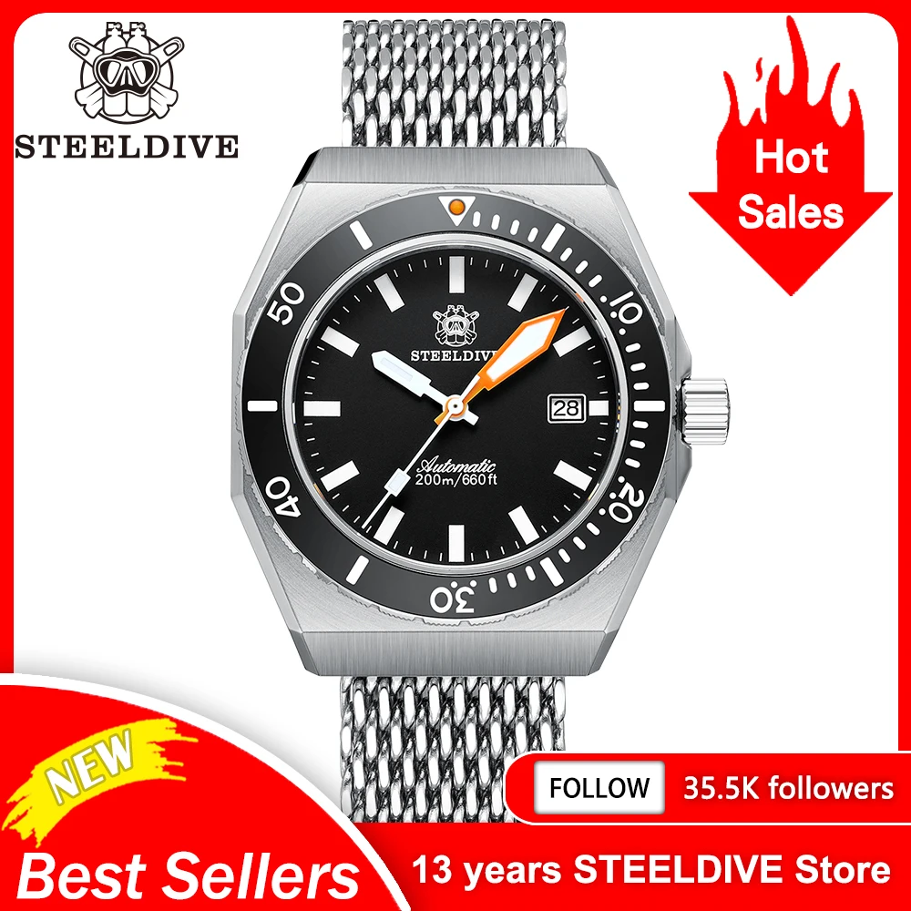 STEELDIVE marca SD1963 recién llegado esfera negra bisel de cerámica 200M impermeable NH35 relojes de buceo mecánicos automáticos para hombres Reloj