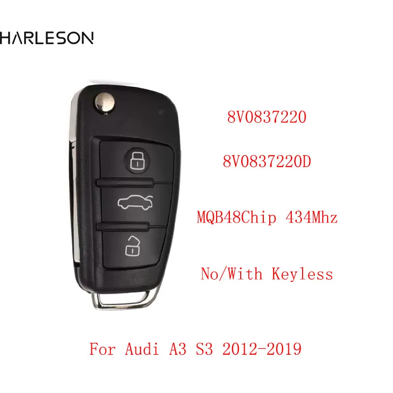 Keyless for Audi A3 S3 2012 2013 2014 2015 2016 2017 2018 2019 433MHz 8V0 837 220 D 8V0837220D / 8V0837220 Remote Key Fob