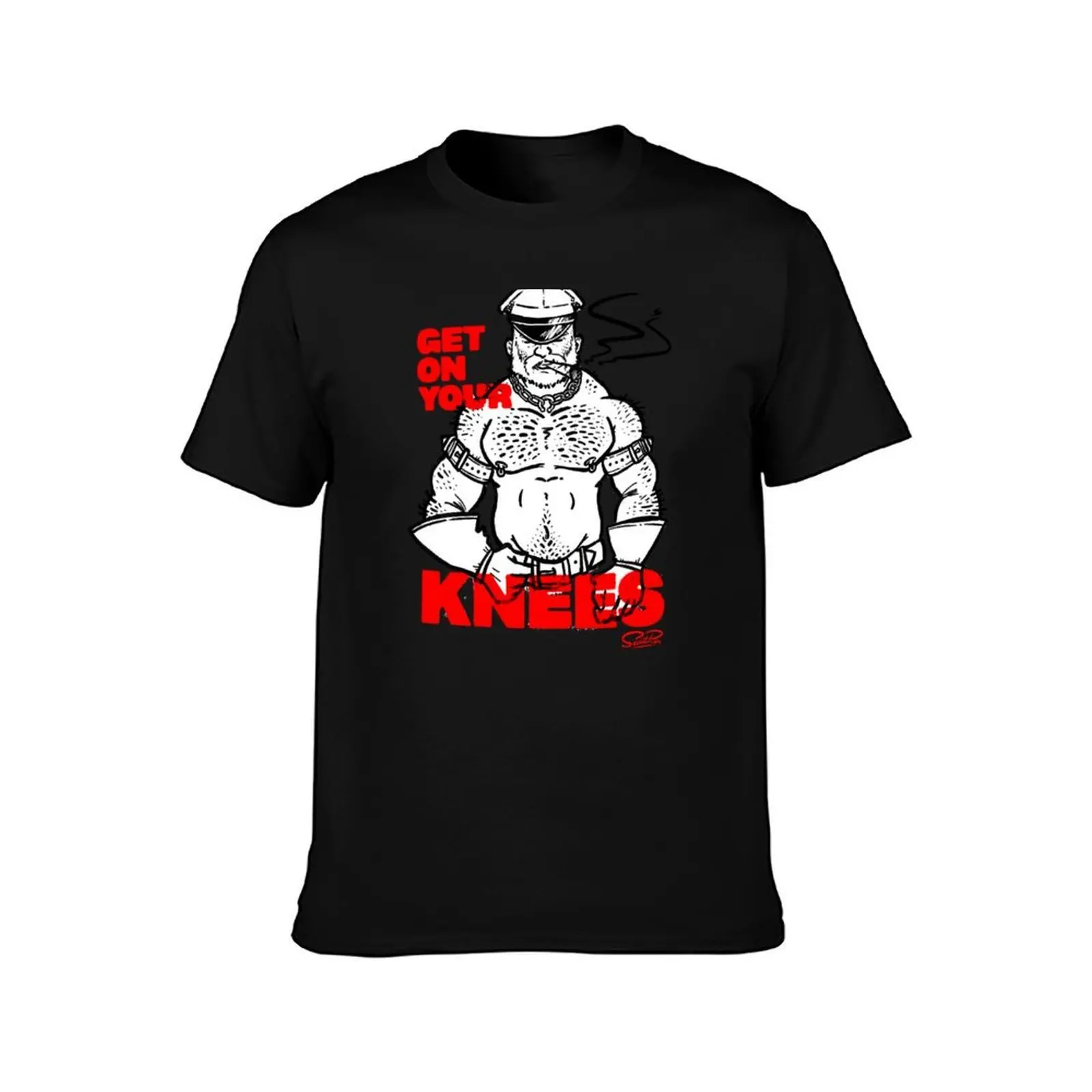 Hairy Leather Daddy - Get on your Knees T-Shirt, Summer Casual Cotton Tee, Oversized Streetwear Tops, Vintage Graphic Print