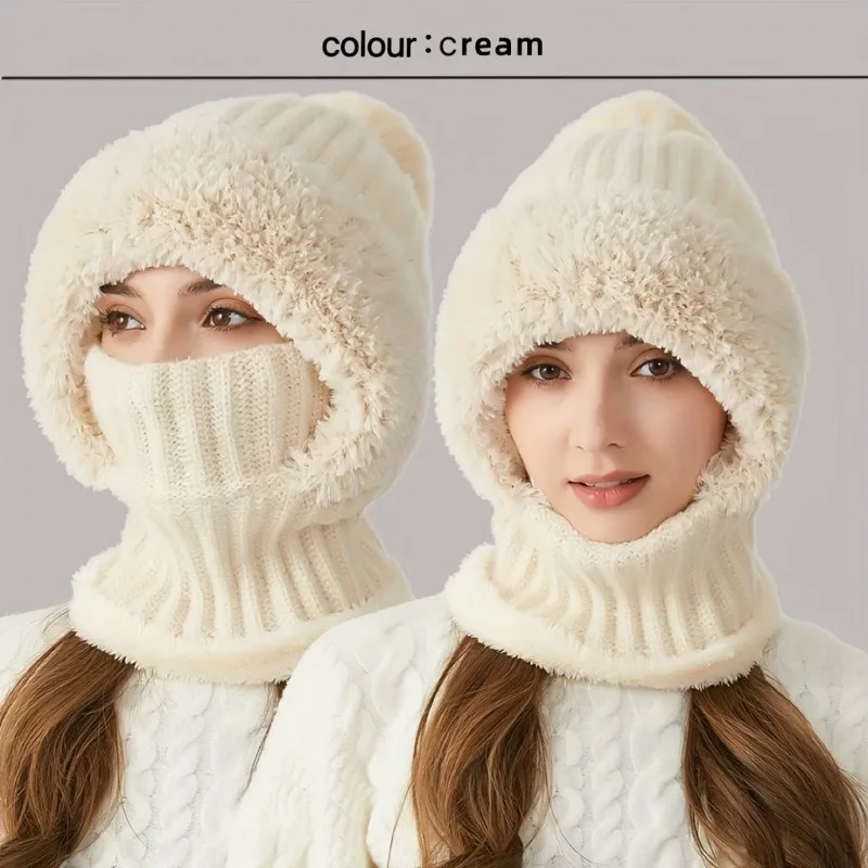 

Winter Knit Hat with Fleece Lining and Ear Flaps - 3-in-1 Beanie Scarf Mask Set - Windproof Warm Hood Neck Warmer for Cycling