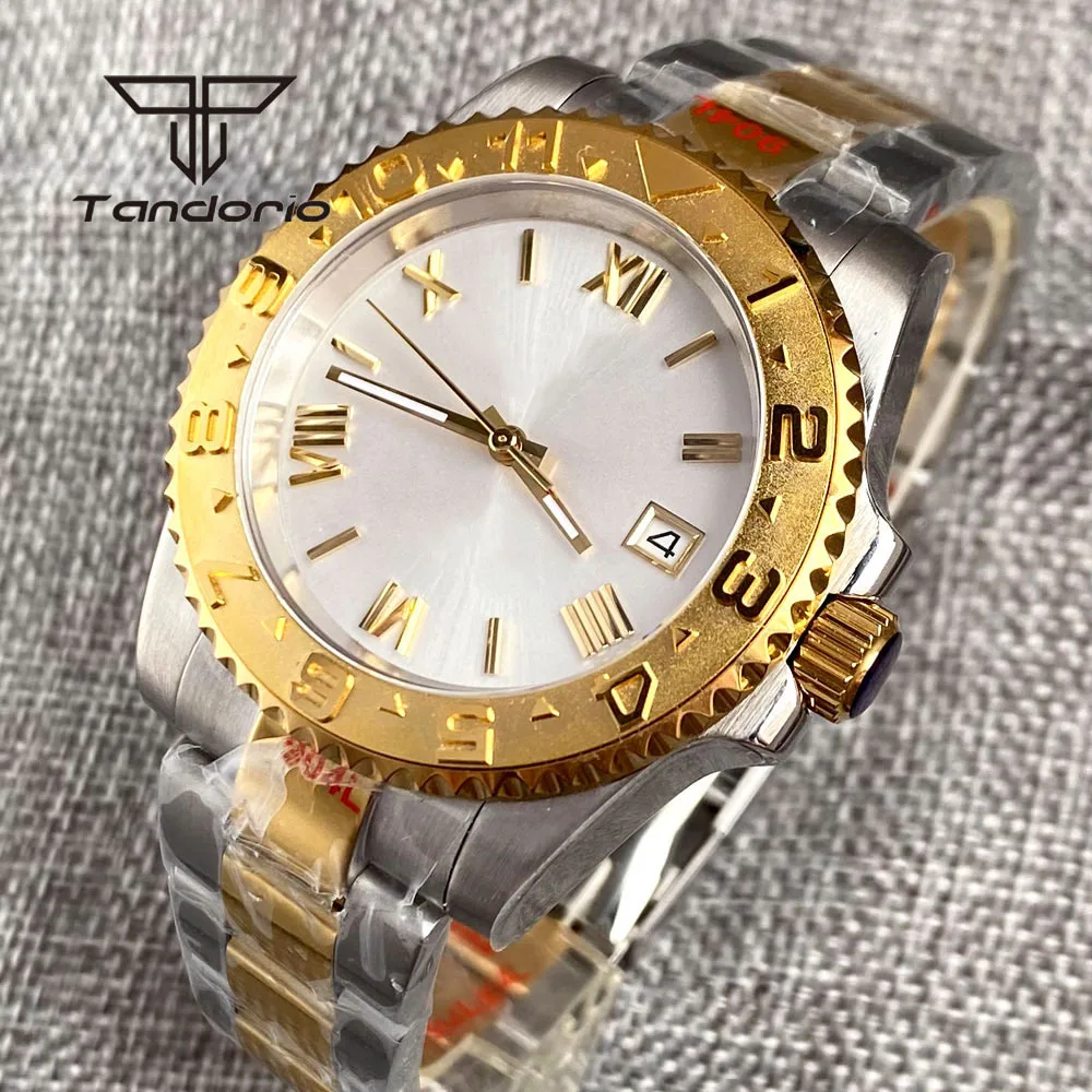 

Tandorio Two Tone 40mm NH35A Movt Automatic Wristwatch for Men Bracelet Sapphire Glass Rotating Bezel Sterile Sunburst Dial Date