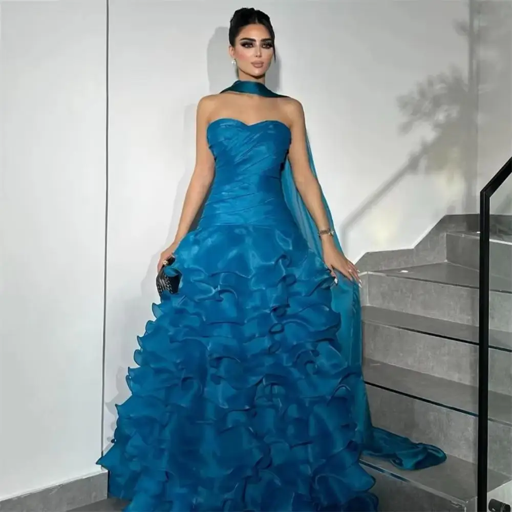 

Blue Strapless Prom Dress 2025 Sweetheart Sleeveless A-Line Pleated Tiered Ruffle Floor-Length Wedding Party Dresses Customized