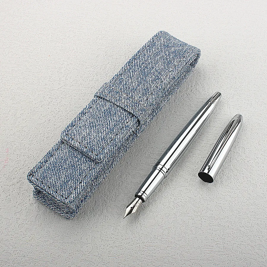 Mirror Polished All Metal Fountain Pen Replaceable Ink Cartridge with Portable Denim Single Travel Office Writing Pen Sleeve