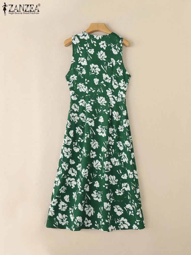 ZANZEA-Vestidos Midi elegantes con estampado Floral para mujer, Vestidos sin mangas con cuello en V para verano 2025, batas informales de corte a para ir al trabajo para mujer