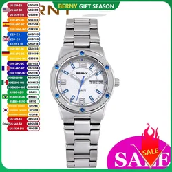 BERNY Women's Watches Luminous Date Week Calendar Stainless Steel Quartz Women WristWatches Clock Waterproof Casual Ladies Watch