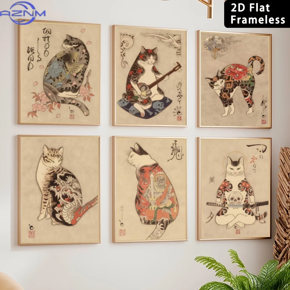 6pcs Frameless Canvas Printed Poster, Home Decoration Wall Art, Japanese Samurai Cat Wall Decoration Poster, Japanese Bushido St view 5
