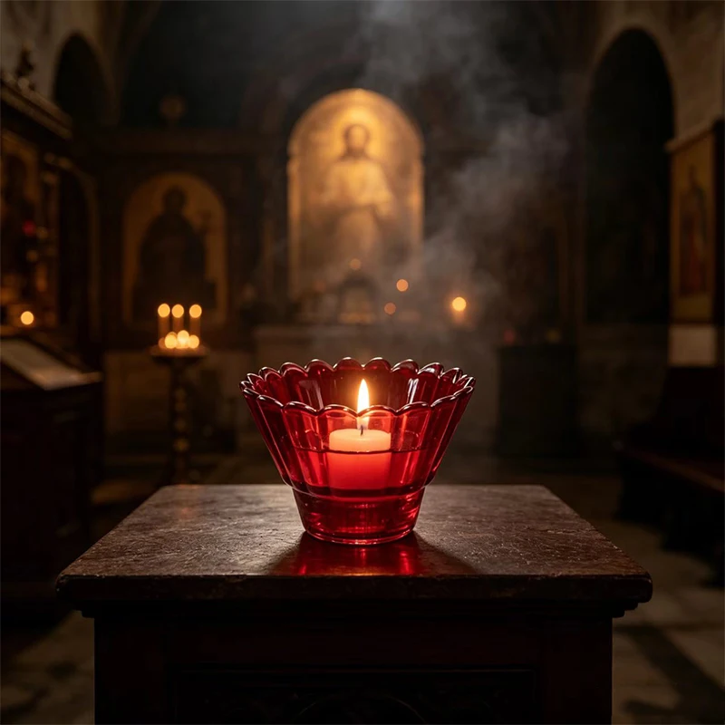 Luxury Byzantine Orthodox Red Glass Votive Candle Holder Scalloped Fluted Petal Rim Church Altar Prayer Handmade Religious Gift