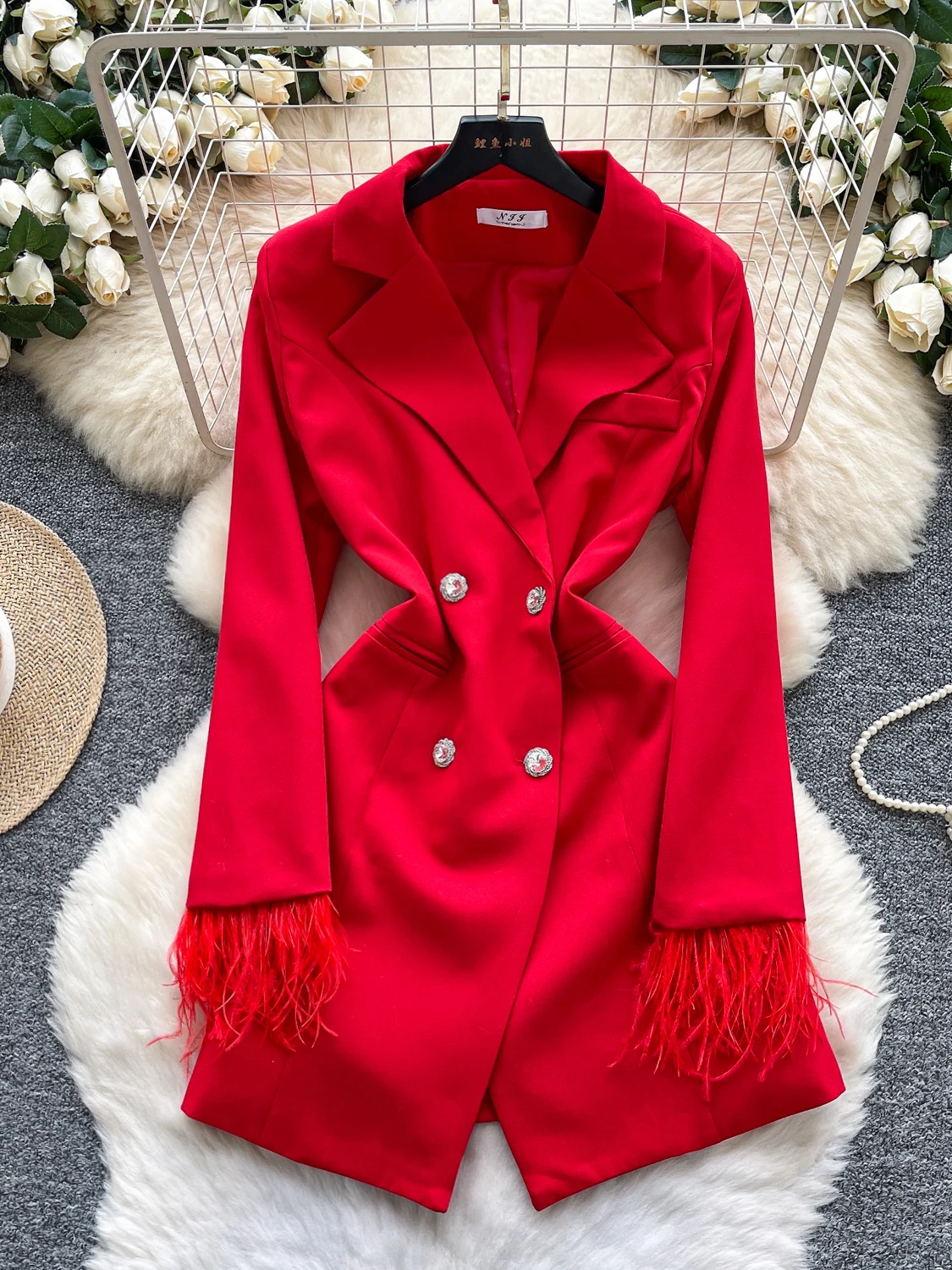 

Красный женский пиджак с длинными рукавами в корейском стиле, двубортный, с бахромой, отложным воротником, элегантный, для офиса