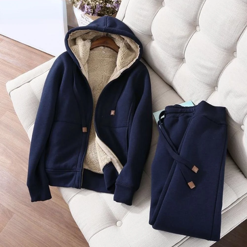 Women's Sweatshirt Pants Suit Long sleeve Fleece Thick Hoodie Coat Jogger Pants Two piece Set Autumn and Winter Warm Sportswear