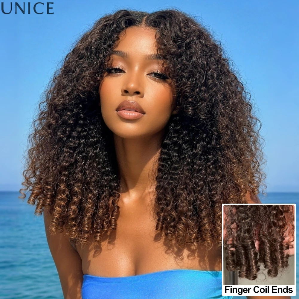 UNice 7x5 Bye-Bye Slip™ Chestnut Brown Ombre Burmese Curly Wig With Finger Coil Ends -Put On & Go Glueless Wig With Drawstring