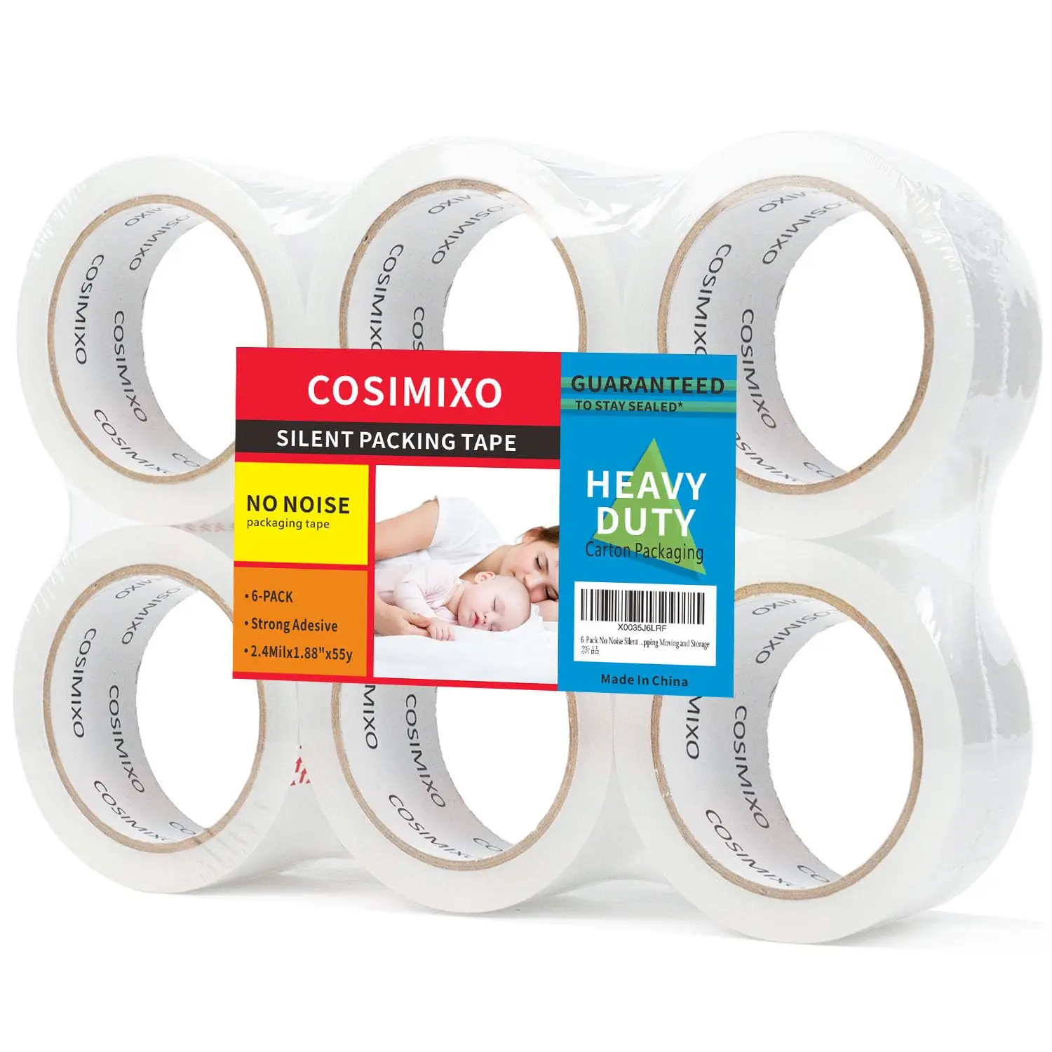 

6-Pack No Noise Packing Tape 2.4mil x 1.88" x 55 Yards, Industrial Heavy Duty Quiet Sealing Tape for Shipping Moving and Storage