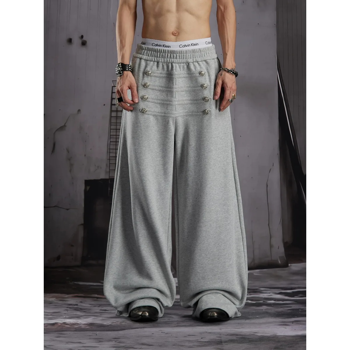 American Retro Court Loose Elastic Waist Sweatpants Men's Commuter Casual Drapey Multi-Button Wide Leg Pants