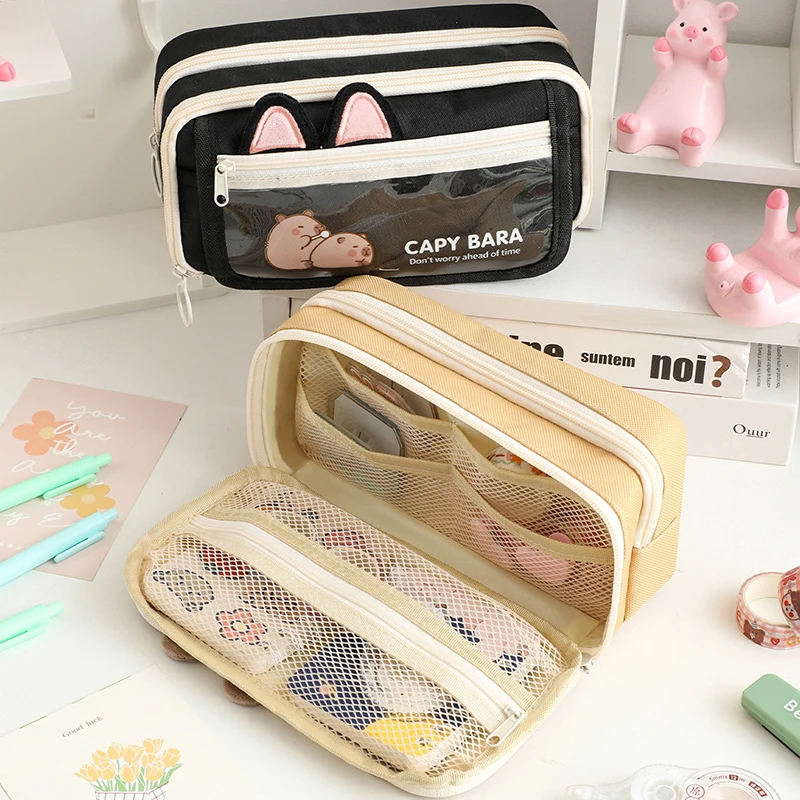 Cute Capybara Print Pencil Case Cartoon Multi-functional Pen Bag Large Capacity Multi Layer Zipper Stationery Storage Bag Gifts