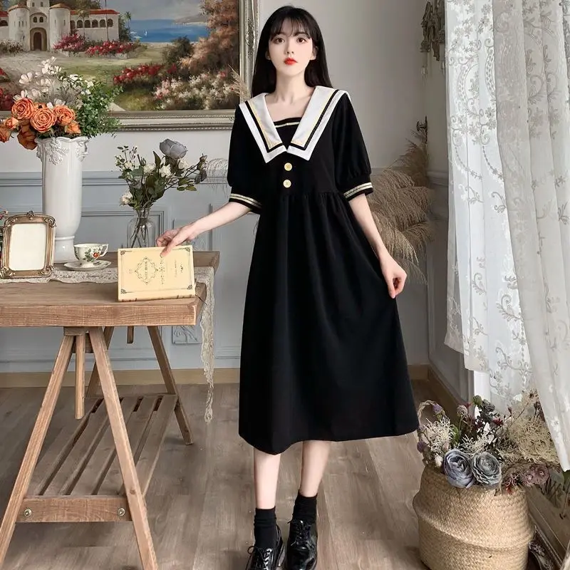 

2023 Harajuku Sailor Collar Navy Dress Japanese Lolita Sweet Girls Retro Chiffon Kawaii Preppy Style Short Sleeve Dress Women