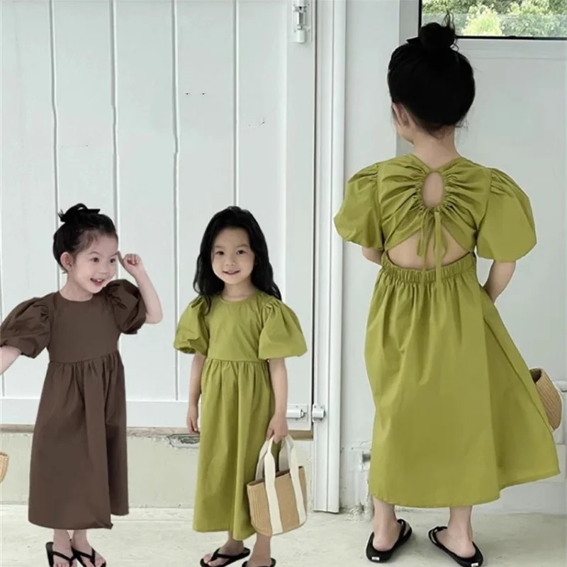 2025 Summer Girls Dress Princess Puff Sleeve Backless Gown Children Vacation Fashion Clothing Kids Solic Color Casual Dresses