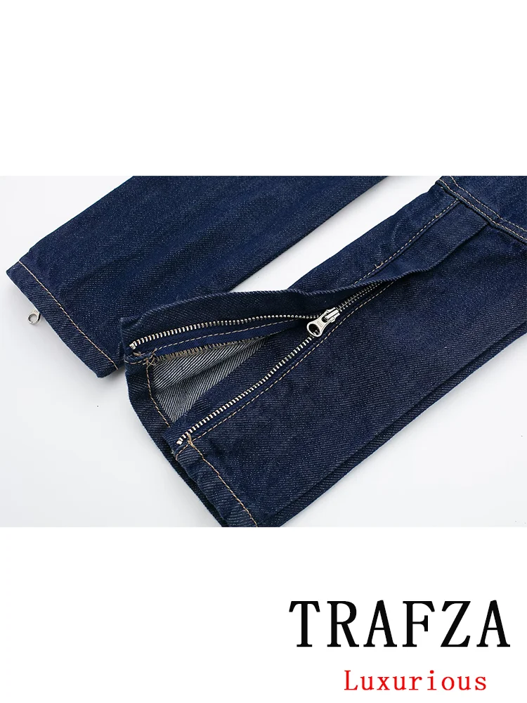 TRAFZA Vintage Casual Chic Women Cowboy Suit O-Neck Single Breasted Loose Jackets Long Pants Fashion 2024 Summer Denim Suits