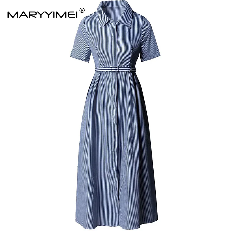 

MARYYIMEI Women's Elegant Commuter Dress Turn-Down Collar Single-Breasted Lace-Up Summer Office Work Dresses