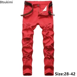 2025 New Men's Casual Jeans Trendy Hip Hop Holes Slim Denim Trousers Versatile Stretch Distressed Pants High Quality Pants Male