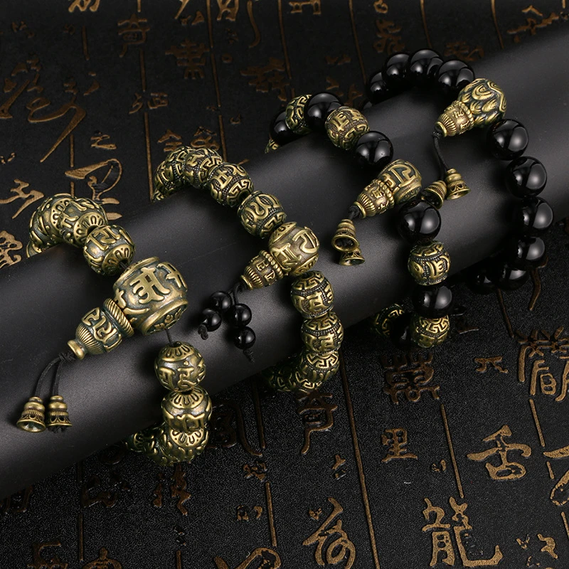 2023 NEW Vintage Copper Six Words Buddhist Beads Chains Bracelets Brass Rosary Bangles Fashion Men Luckly Money Bracelet Jewelry