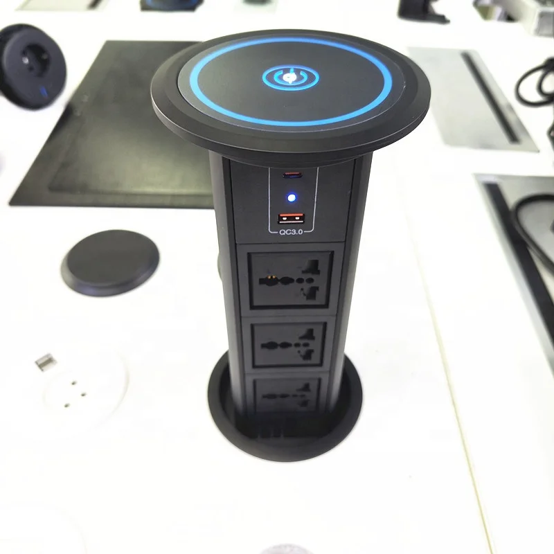 100mm Universal Power Motorized Intelligent Kitchen Pop up Vertical PD20W USB-C Tower Socket With Top Wireless Charger