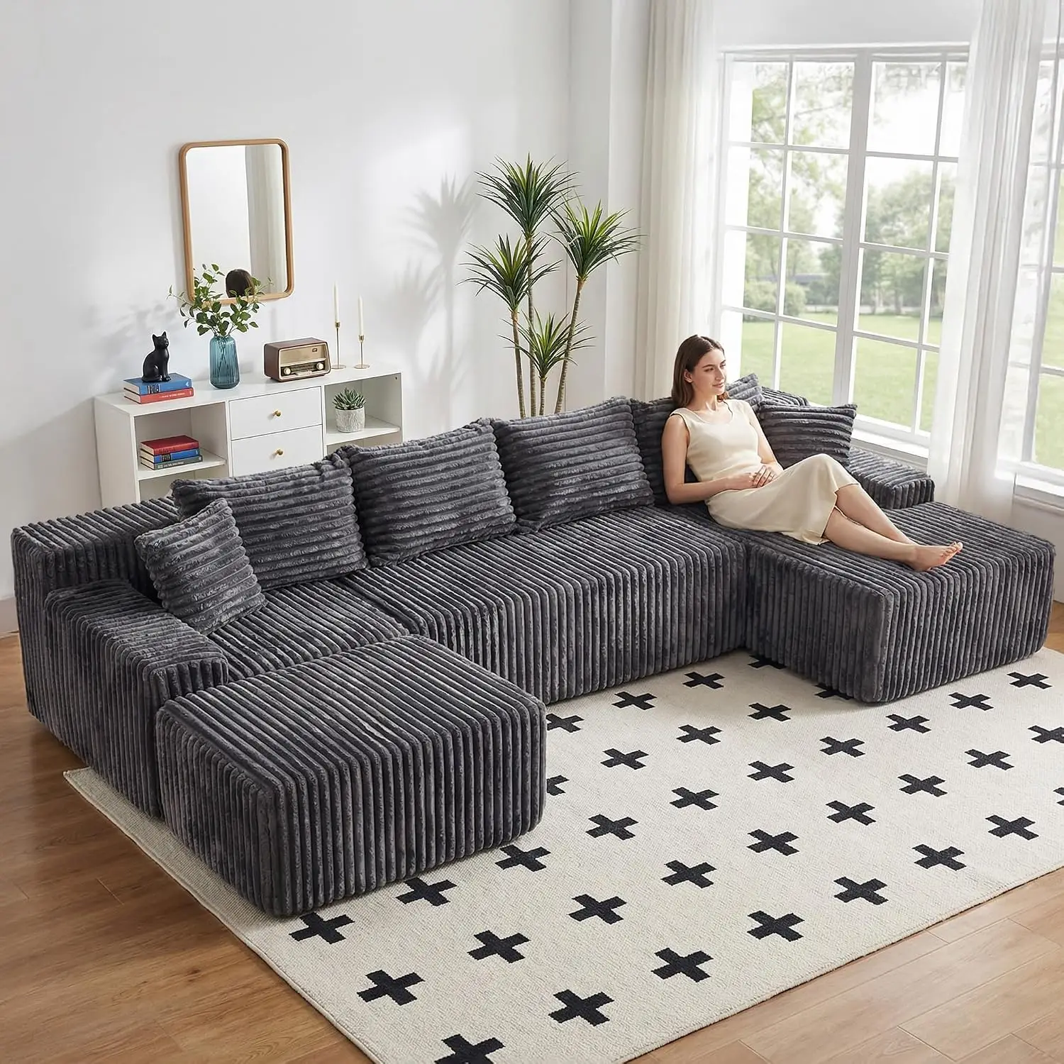 Oversized U Shaped Corduroy Sectional Sofa, Deep Seat Modular Cloud Couch For Living Room, No Assembly, Grey, Customized
