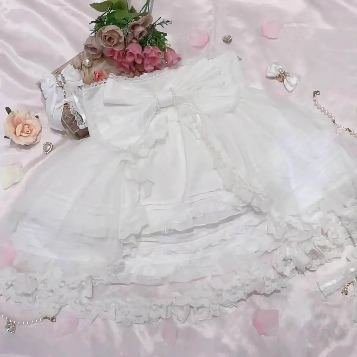 Sweet Lolita Skirt Women Big Bow Lace Ruffle Layered Mesh Short Skirt Japanese Style Kawaii High Waist Cosplay Party Skirt