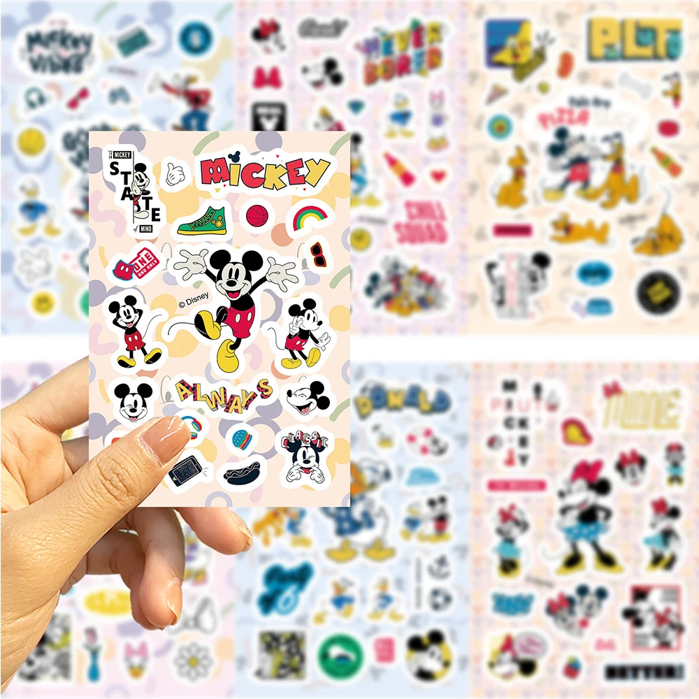 8/16sheets Cute Disney Mickey Minnie Anime Stickers Donald Duck Goofy Cartoon Sticker Laptop Suitcase Phone Funny Graffiti Decal
