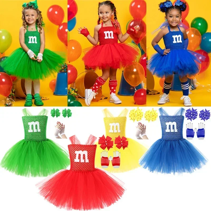 

Sn66 Halloween kids cute M chocolate candy cosplay costume Christmas girl Red Yellow Blue soft tulle dance Tutu dressw & M