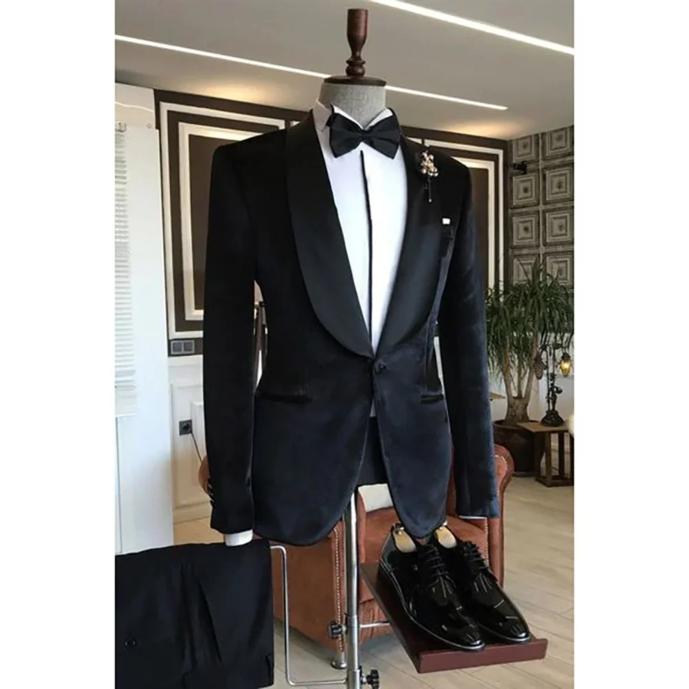

Черный бархатный костюм для мужчин, 2 предмета: пиджак и брюки, однобортный, с лацканами-шалью, для ужина, вечеринки, жениха, свадьбы, пошитый на заказ, мужская одежда