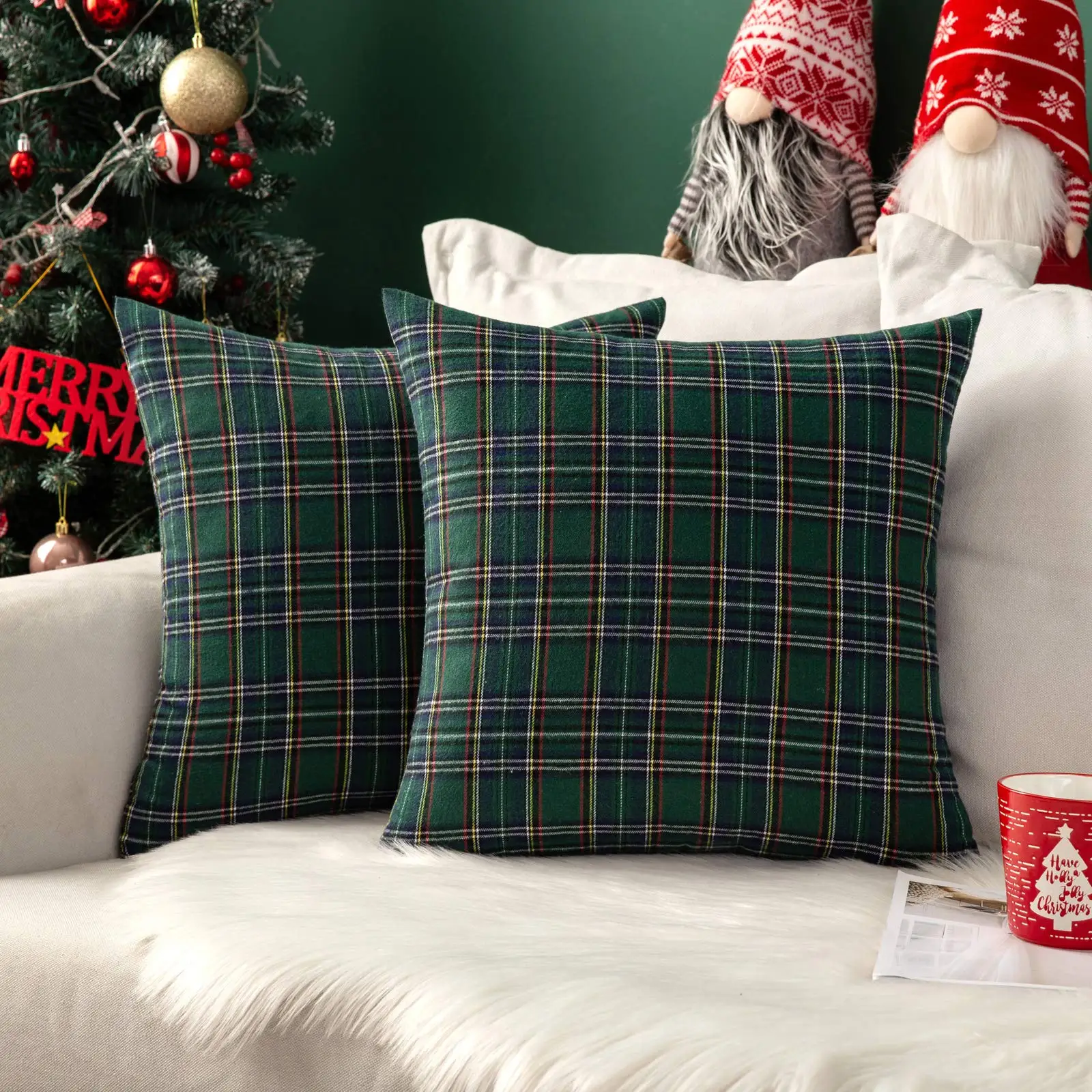 Fall Set of 2 Scottish Tartan Plaid Throw Pillow Covers Farmhouse Classic Decorative Outdoor Square Cushion Cases for Home Decor