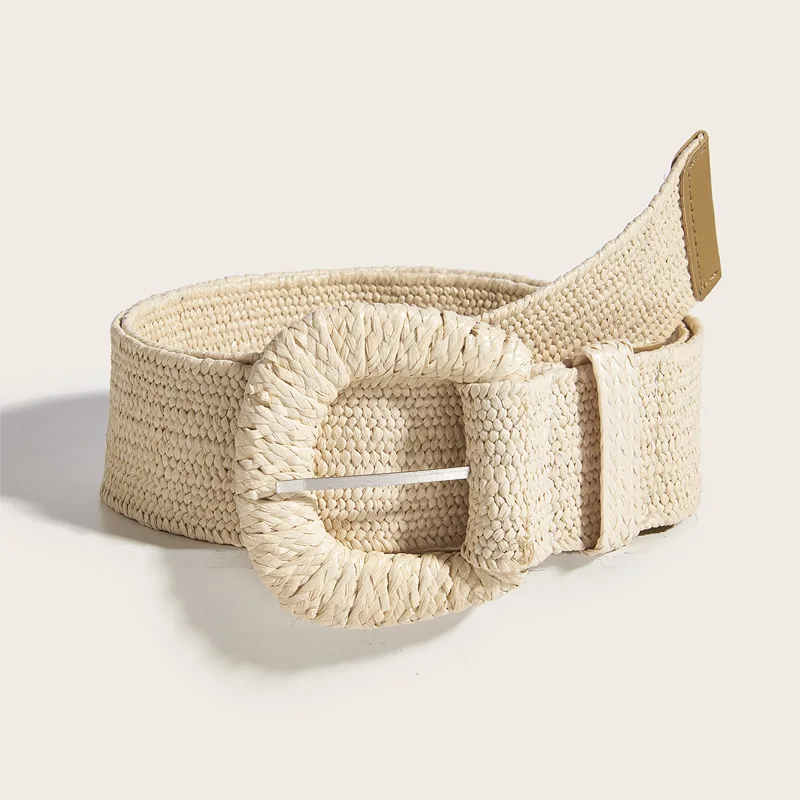 เข็มขัดเอวถักสไตล์วินเทจโบโฮสำหรับผู้หญิง ทำจากเส้นใย PP รัดเอวแบบกว้างยาว พร้อมหัวเข็มขัดทรงกลมหรือสี่เหลี่ยม สำหรับตกแต่งชุดเดรส