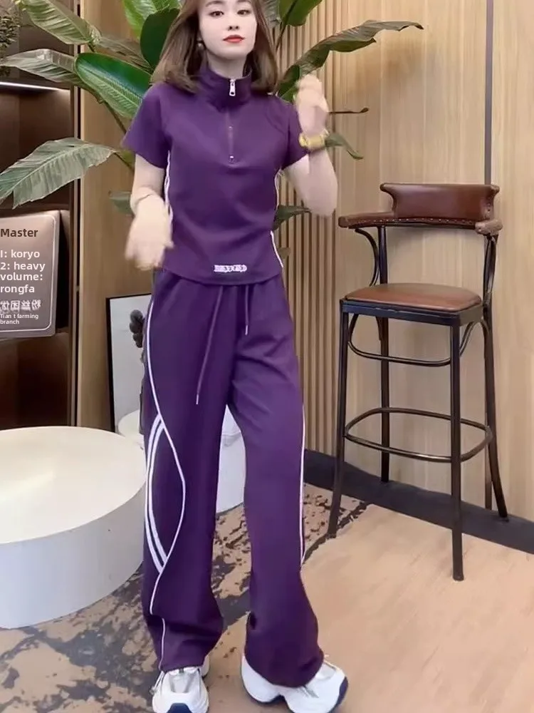 

Casual Sportswear Set Women Summer 2025 New Sli Age-Defng ort Sve Wide Leg Pants Running Suit Two-Piece Set