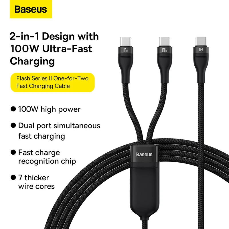 Baseus 100W 2 in 1 USB Type C Cable PD Fast Charging Date Cable For POCO Xiaomi Samsung USB C Wire Cord For AppleBook Air HUAWEI