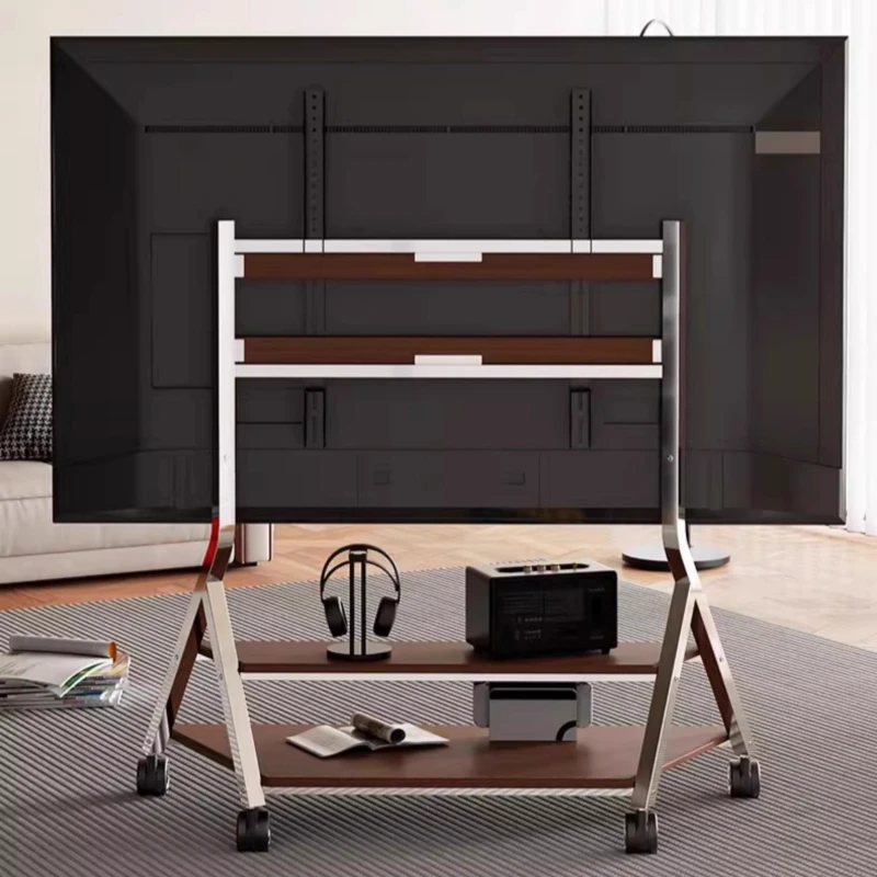 Premium Stainless Steel TV Trolley Mobile  Stand with Two Wooden Shelves Fits 100 Inch TVs Professional Exhibition Stand