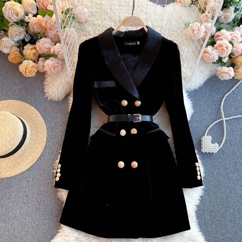 

Women's Elegant Dresses 2024 New Women's Suit Collar British Style Double Breasted Slim Fit Velvet Dress