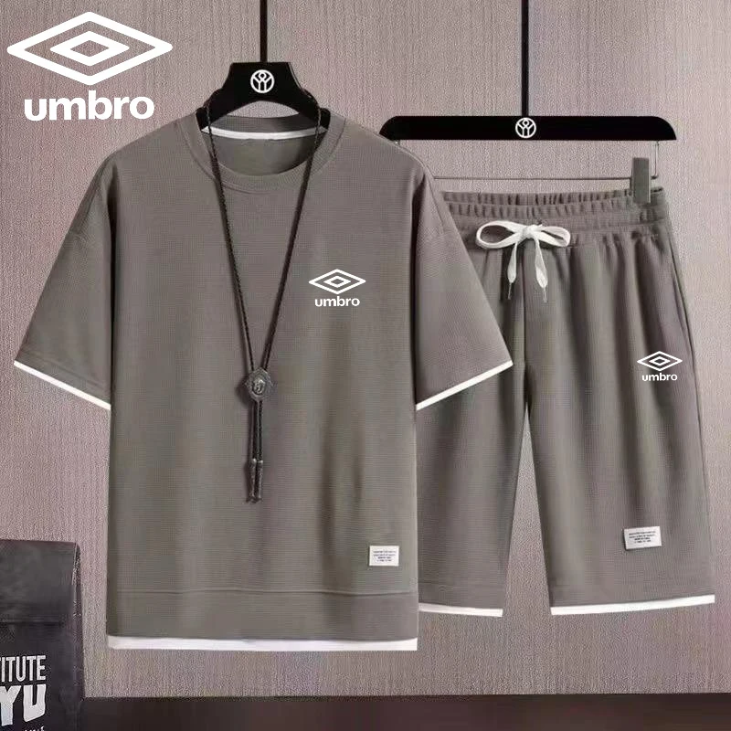 Embroidered Umbro Summer Men\'s Waffle Sets Casual T-Shirt And Shorts Set Male Sports Suit Tracksuit Loose Suits Size 3XL