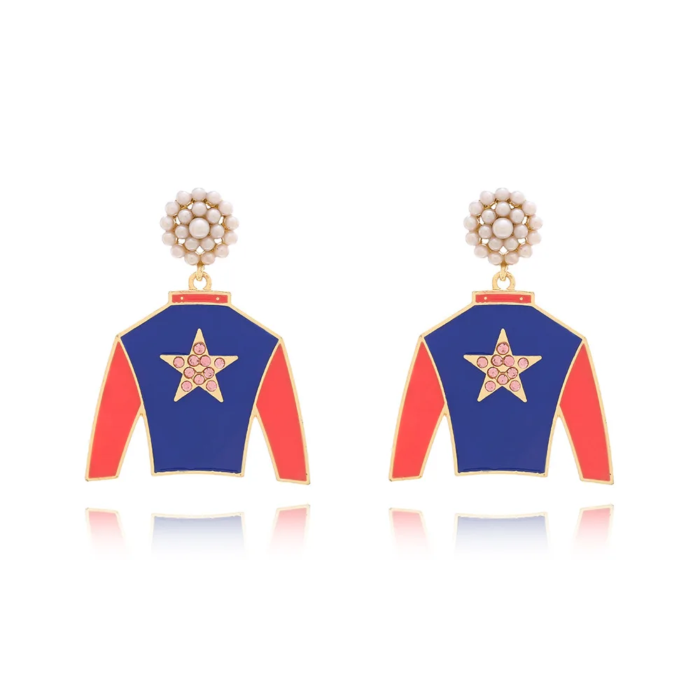Personality playful dripping oil star clothes inlaid with imitation pearl earrings exaggerated sports style enamel jersey earrin