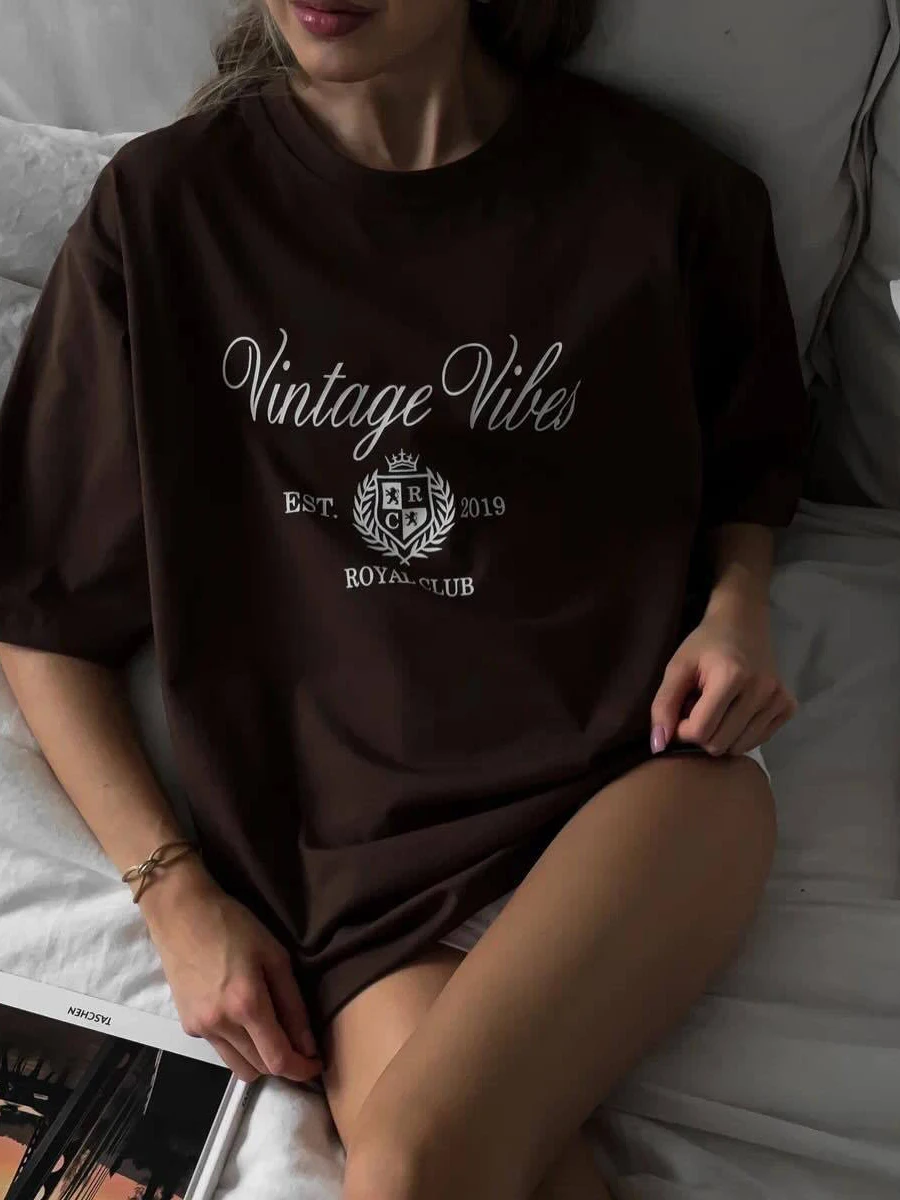 

Letter Print Loose T-shirt Women Summer Round Neck Short Sleeve Tee Shirts 2025 New Vintage Casual Fashion Tops Tshirts Female