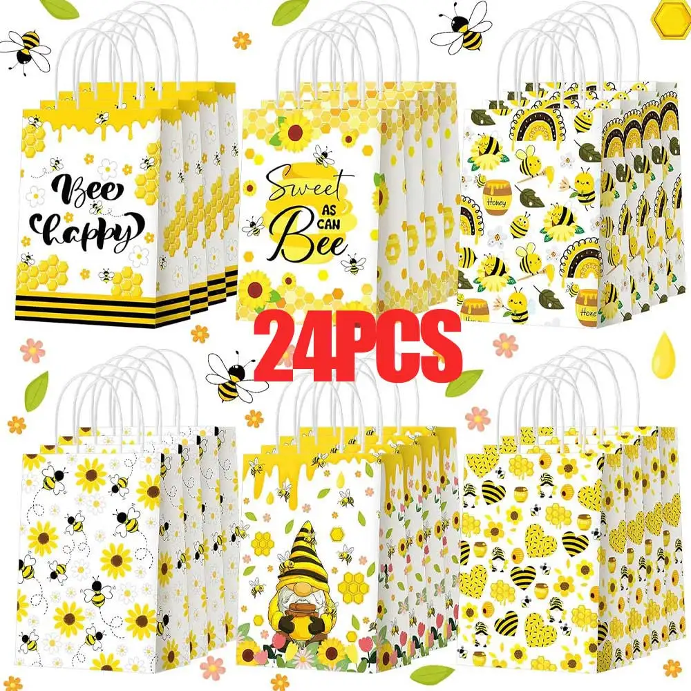 24pcs Cute Bee Kraft Paper Bag Recyclable Festival Gift Shopping Packaging Bags Sweet Honey Birthday Party Supplies