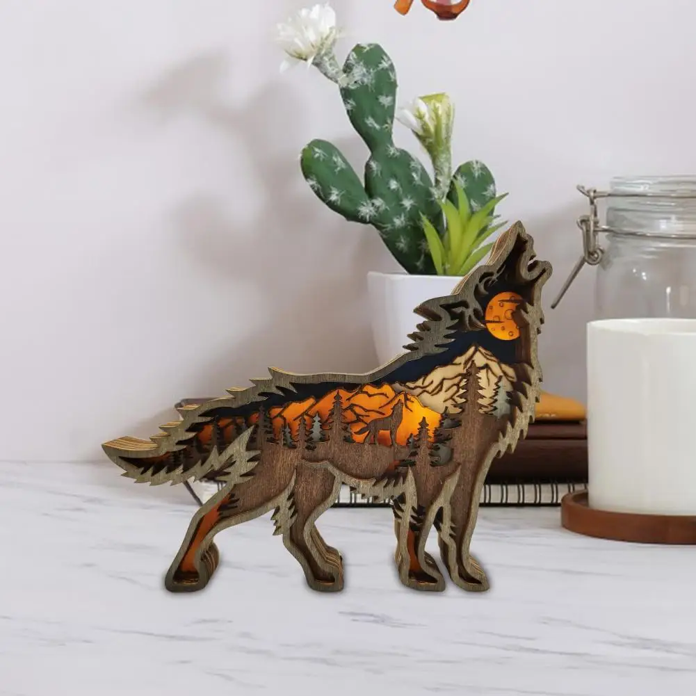 Wooden Wolf Ornament 3D Multi-Layer Carving Wolf Sculpture Home Office Desktop Decor Rustic Forest Animal Statue for Animal Love