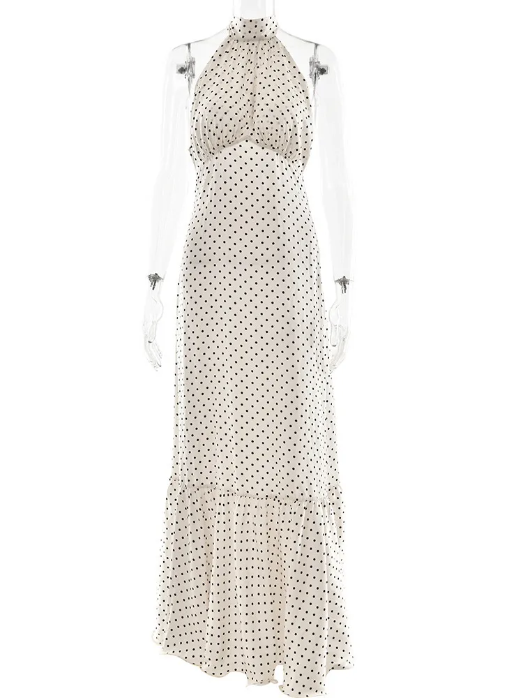 Articat エレガントなノースリーブ水玉サテンロングドレス女性のセクシーな背中の開いたボディコンパーティークラブイブニングドレススリム Vestidos