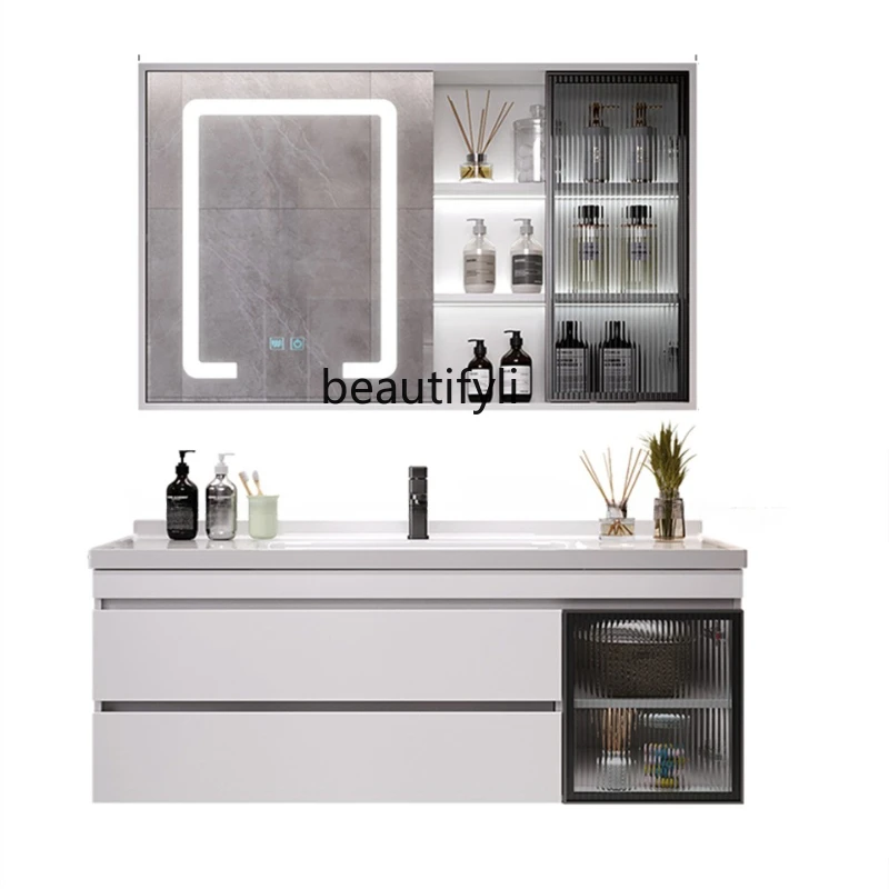 Bathroom Cabinet Combination Wash Basin Wash Mirror Solid Wood Intelligent Modern  Bathroom Ceramic Wash Inter-Platform Basin