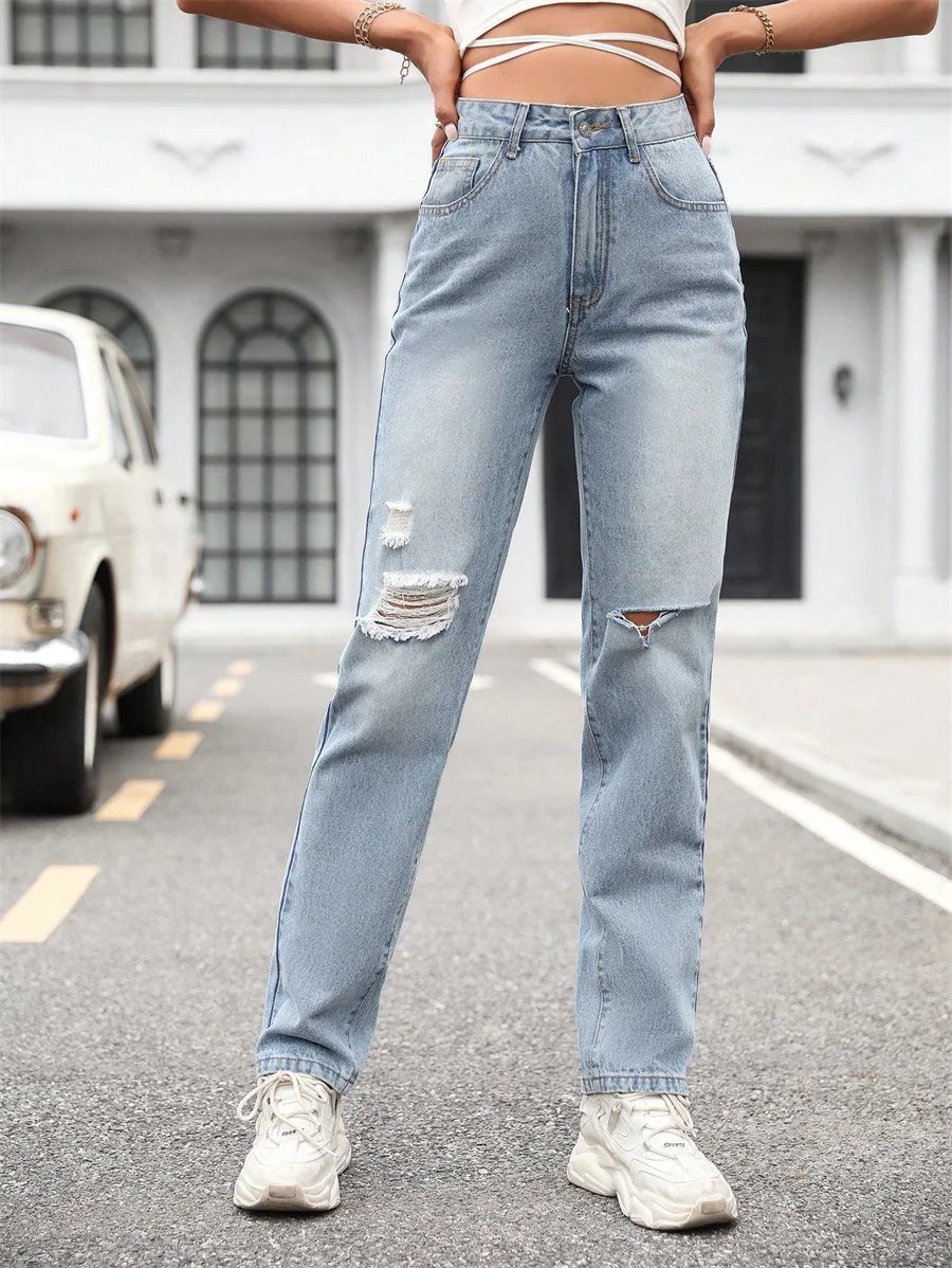 

Benuynffy Streetwear Casual Women's Ripped Jeans New Fashion High Waist Long Trousers Female Loose Straight Leg Denim Pants