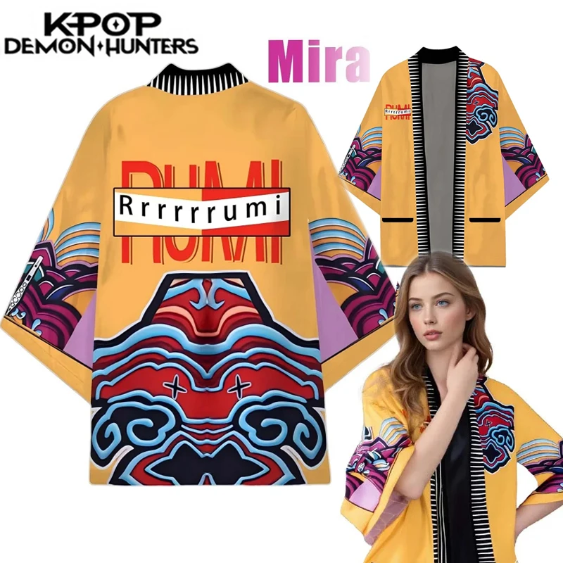 

Rumi Hunters Cosplay Costume for Women Halloween K-Pop Rumi Unique Pattern Orange Print Cardigan Kimono Coat