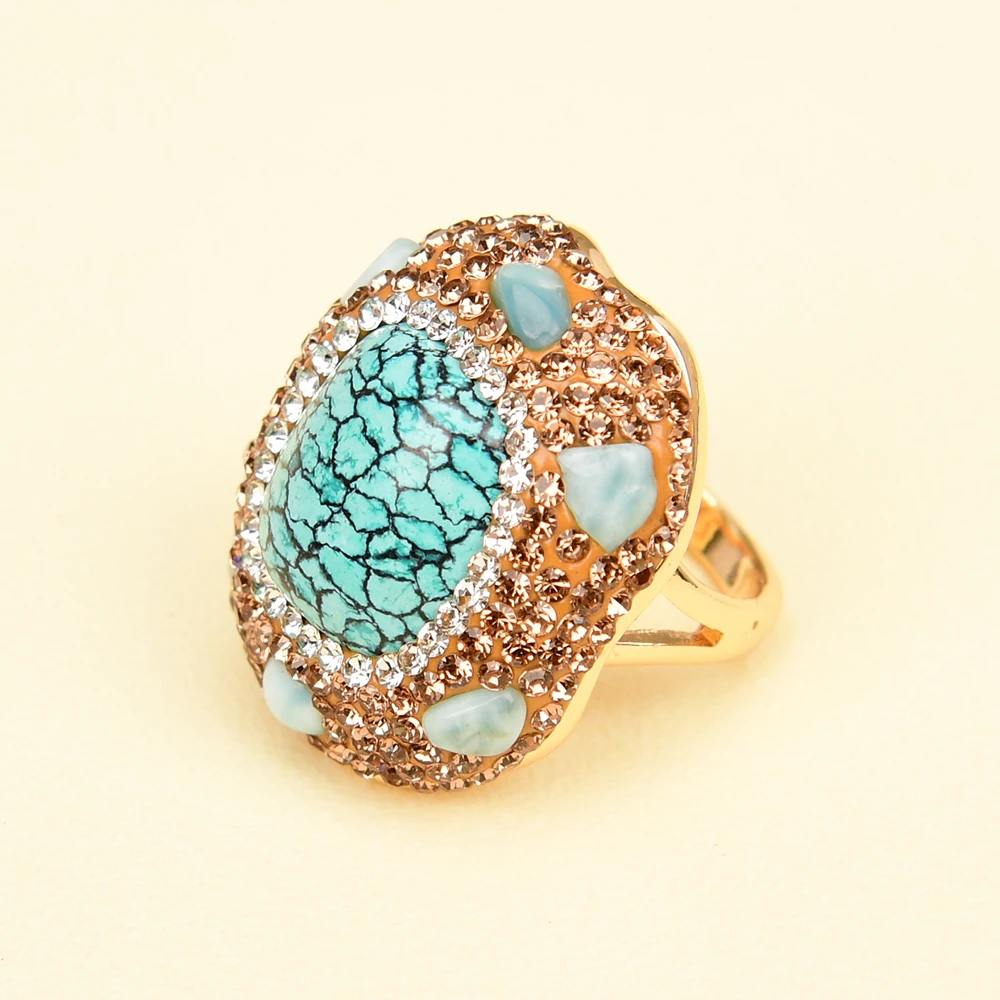 APDGG Adjustable Ring Blue Druzy Turquoise Larimar Gold Plated Ring Trimmed CZ Macarsite Handmade For Women