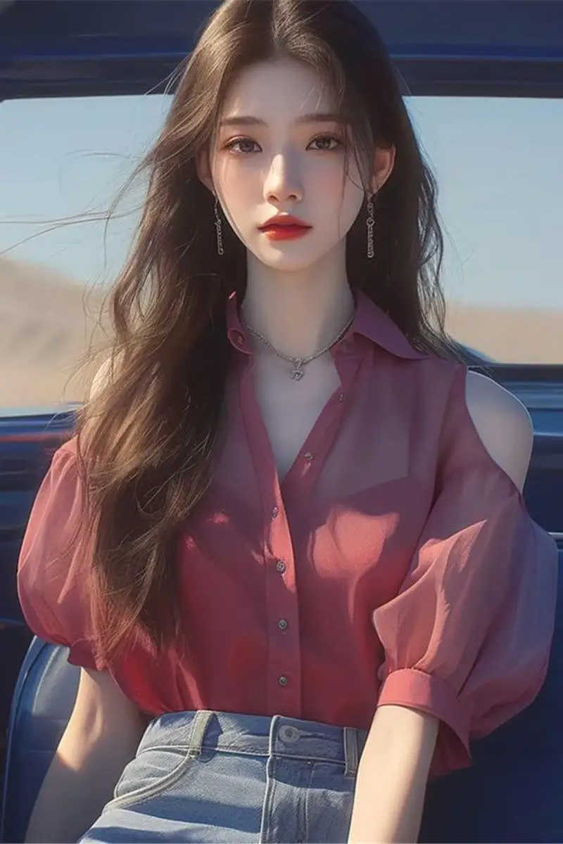 Summer Unique Light Maturity Fairy Qi Women's Luxury High-grade Beautiful Off-shoulder Chiffon Shirt