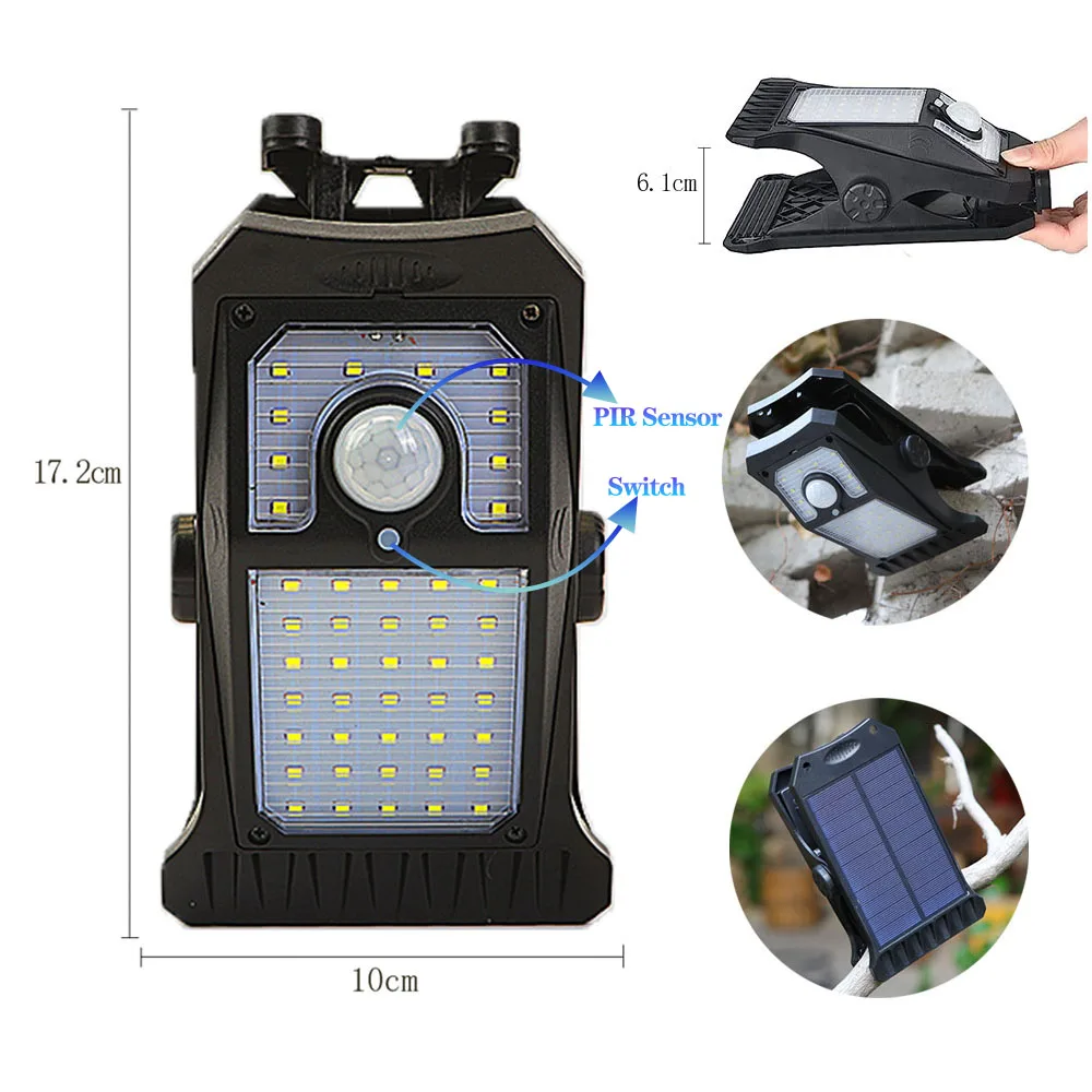 Luz LED Solar con Sensor de movimiento para jardín, luz impermeable IP55 con Clip para exteriores, Camping, garaje, tienda, valla, pared, Patio