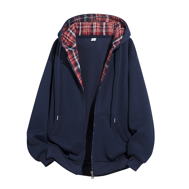 

Толстовка с капюшоном в клетку в американском стиле, мужская зимняя свободная повседневная куртка на молнии