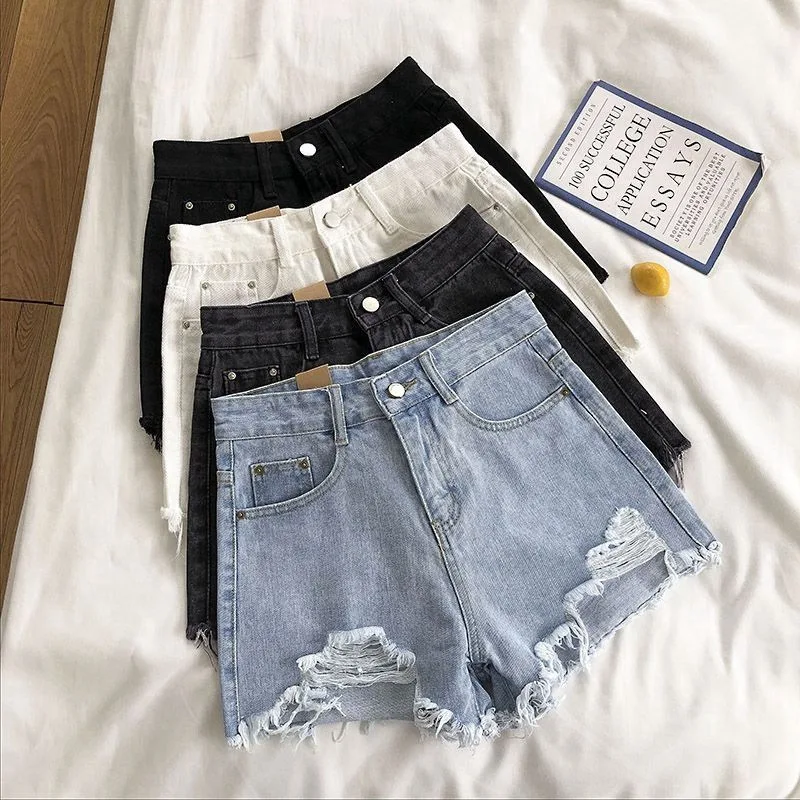 Women's Ripped Denim Shorts 2026 Summer New High-waisted Solid Color Relaxed-fit Slimming Korean-style Wide-leg Versatile Pants